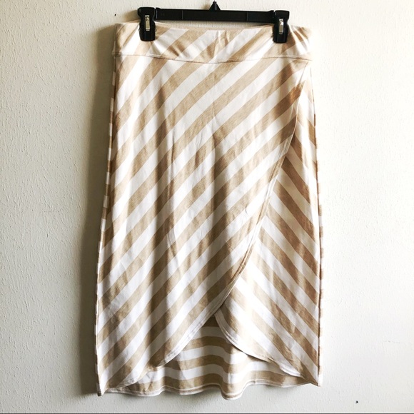 Athleta Dresses & Skirts - Athleta Skirt Ribbon Stripe Faux Wrap Midi Skirt Tan & Cream Sz M GUC